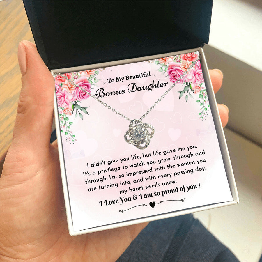Bonus Daughter Necklace - Love Knot with Card, Step Daughter Gift, Adoptive Daughter Gift Necklace, Bonus Daughter Jewelry Gifts