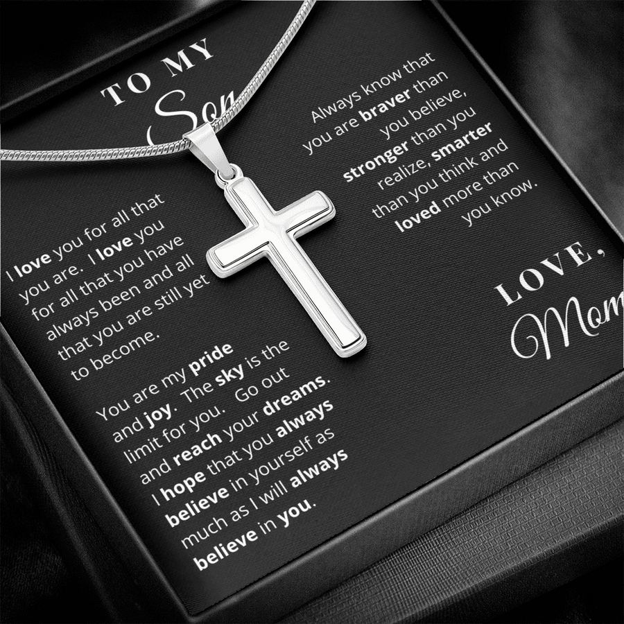 To My Son Love Mom Cross Necklace | 14k White Gold Coated Stainless Steel