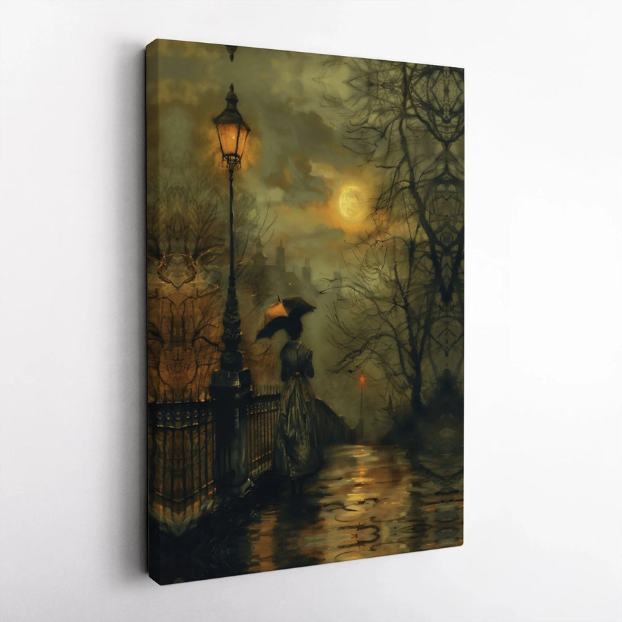 Gothic Victorian Wall Art | Moonlit Rainy Night Street Scene | 1.25-Inch Premium Canvas | Atmospheric Home Decor Gift for Dark Academia Fans
