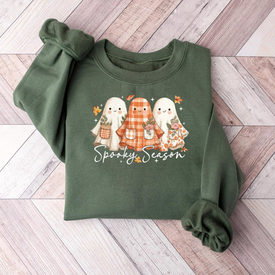 Spooky Season Ghost Sweatshirt | Cute Floral Autumn Patchwork Design | Premium Cotton Blend | Aesthetic Halloween Fall Apparel Gift for Women