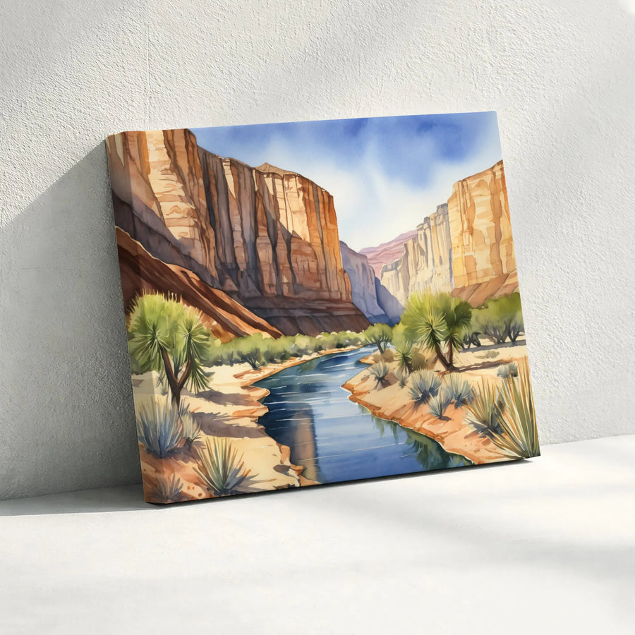 Desert Canyon Watercolor Horizontal Canvas | Southwest River Landscape Wall Art | Premium 1.25 Inch Gallery Wrap | Peaceful Nature Lover Gift