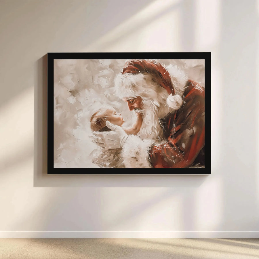 Santa Claus Holding Baby Canvas Wall Art | Whimsical Oil Painting Print | Gallery Wrapped 1.25" Depth | Christmas Home Decor Gift for New Parents