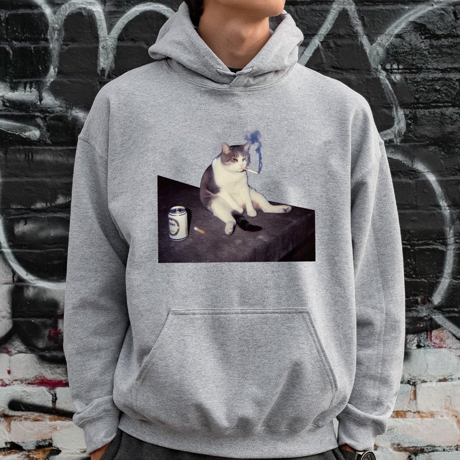 Smoking Cat Hoodie | Funny Meme Animal Graphic Print | Premium Cotton-Poly Blend | Unisex Casual Streetwear Gift for Cat Lovers