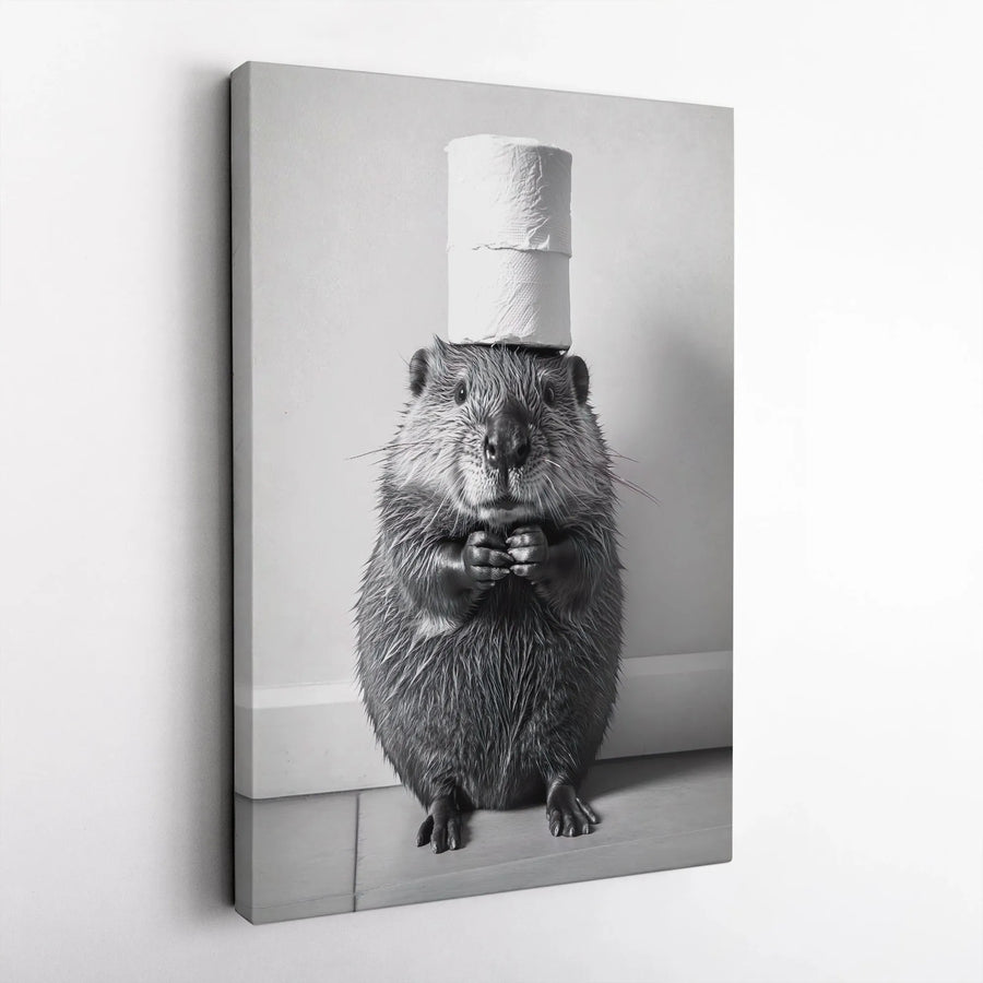 Funny Beaver Canvas Print | Beaver with Toilet Paper Roll Art | Premium Gallery Wrap Canvas | Modern Bathroom Decor Gift