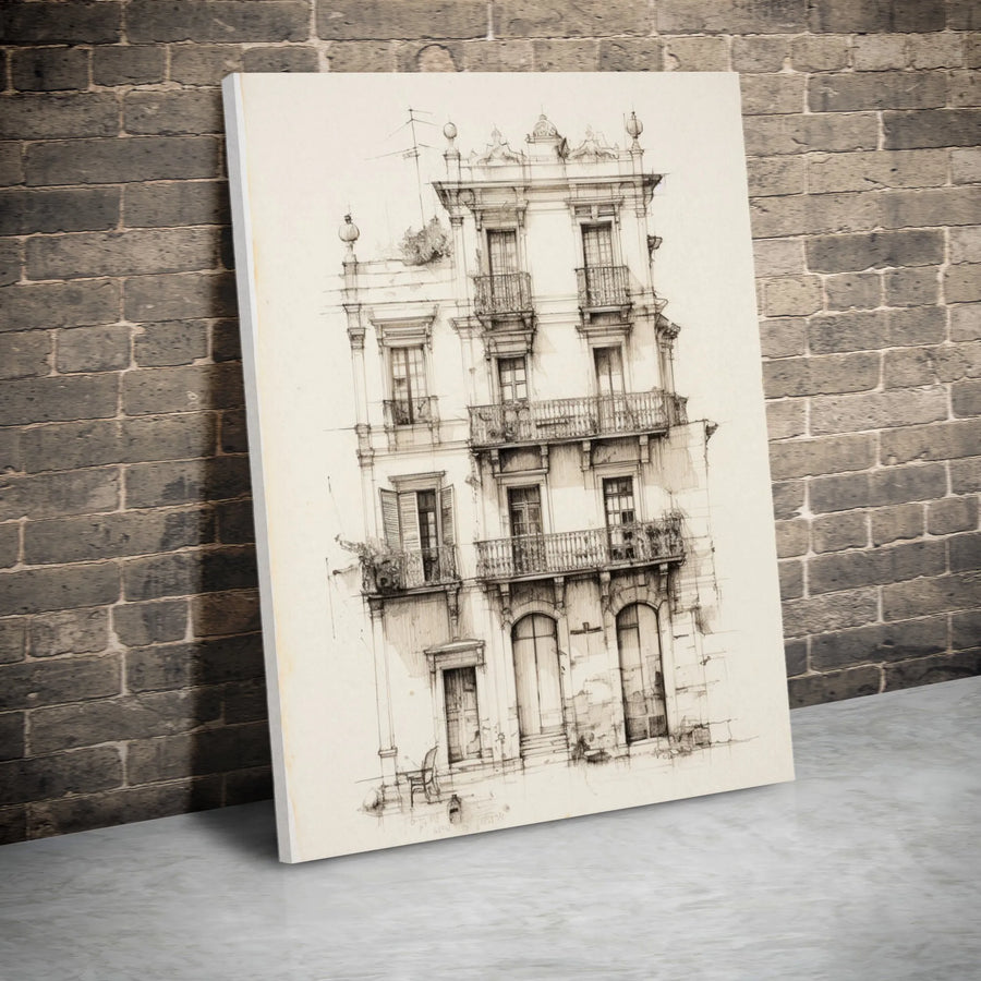 European Architectural Sketch Wall Art | Detailed City Building Drawing | Premium Gallery Wrapped Canvas | Minimalist Home Decor Gift