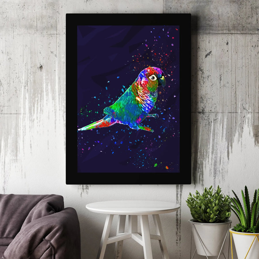 Colorful Parrot Canvas Wall Art | Abstract Splatter Paint Conure Design | Premium Fade-Resistant Print | Vibrant Bird Lover Gift Decor
