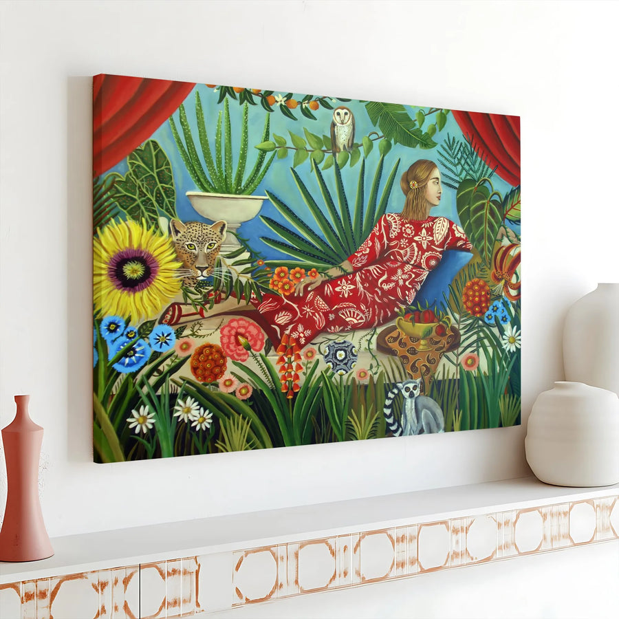 Tropical Jungle Canvas Wall Art | Vibrant Woman with Leopard Painting | Premium Gallery Wrapped Canvas | Eclectic Bohemian Home Decor Gift