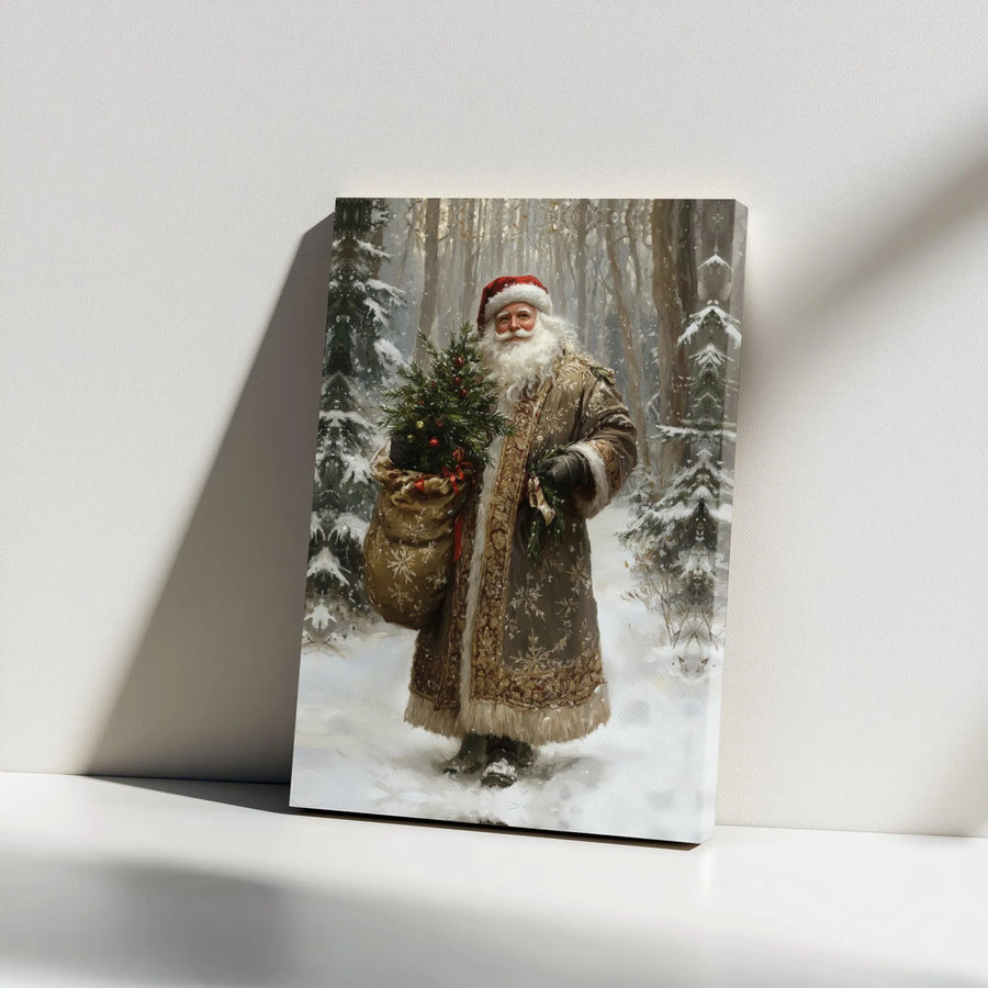 Vintage Santa Claus Wall Art | Snowy Forest Christmas Tree Canvas Print | 1.25 Inch Gallery Wrap | Classic Holiday Home Decor Gift