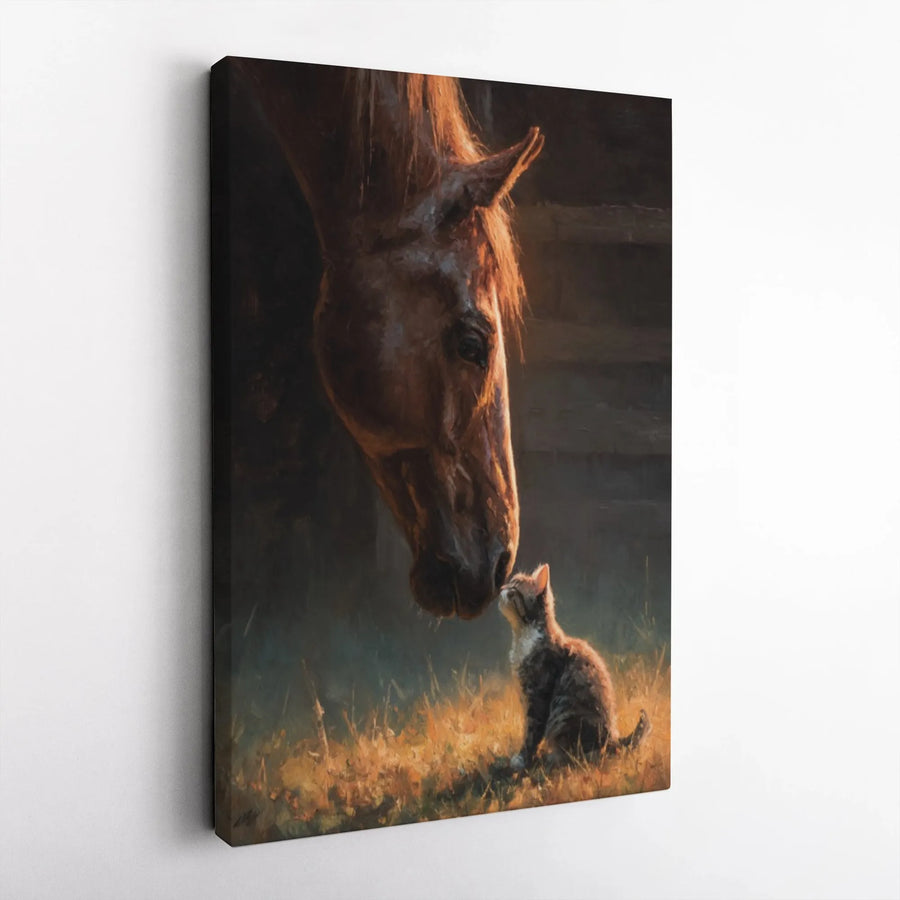 Horse and Kitten Wall Art | Whimsical Animal Friendship Painting | Premium Gallery-Wrapped Canvas | Heartwarming Farmhouse Decor Gift