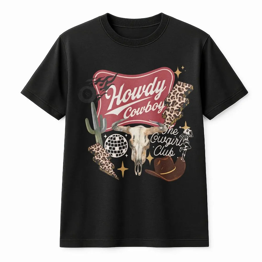 Western Collage T-Shirt | Cowgirl Club Graphic with Cowboy Skull & Disco Ball | Premium Cotton Blend Sweatshirt | Country Concert Gift for Women