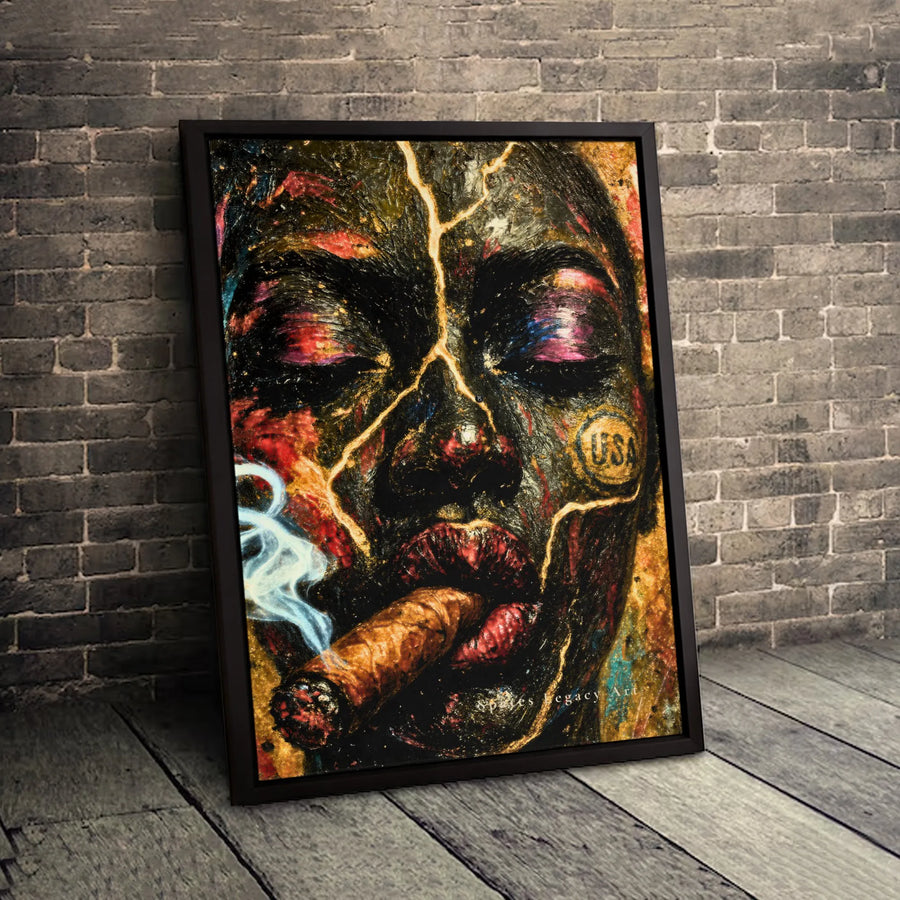 Abstract Kintsugi Portrait Wall Art | Woman Smoking Cigar Urban Decor | Premium 1.25-Inch Thick Canvas | Edgy Modern Home & Office Decor Gift