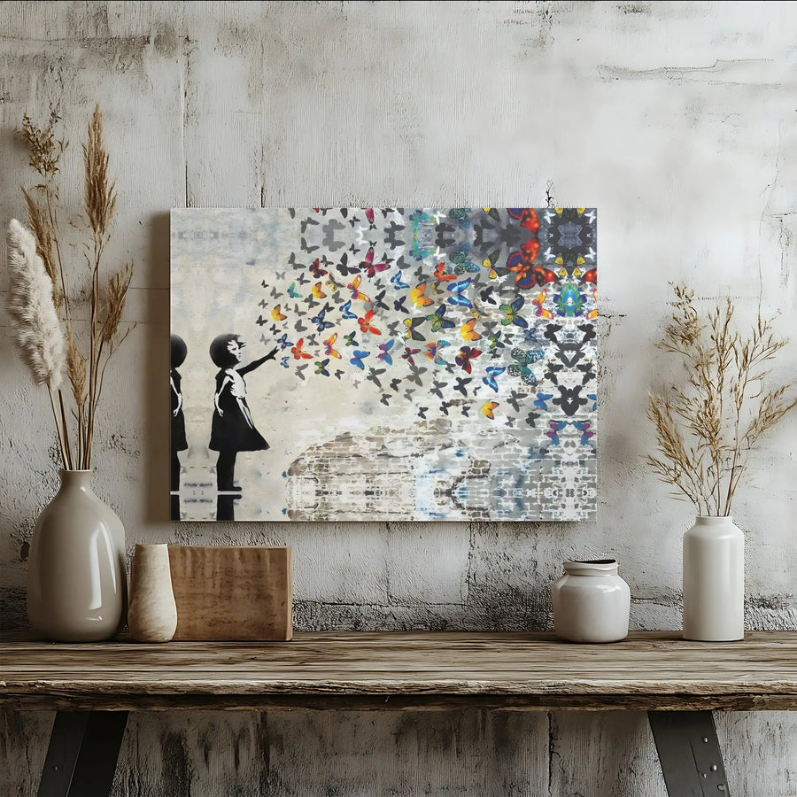 Girl With Butterflies Canvas Art | Modern Street Art Print | Premium 1.25 Inch Gallery Wrap | Inspiring Home Decor Gift