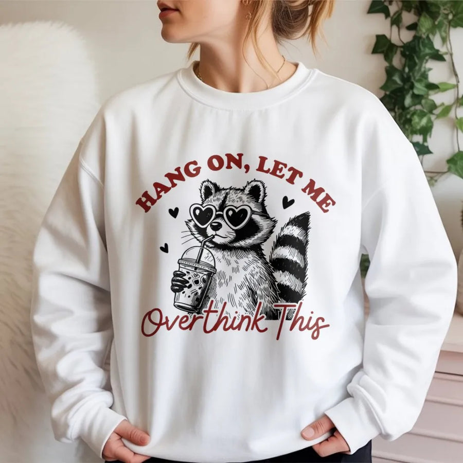 Overthinking Raccoon Sweatshirt | Funny Coffee Lover Anxiety Graphic | Soft Cotton Blend Unisex Pullover | Unique Gift For Her Him