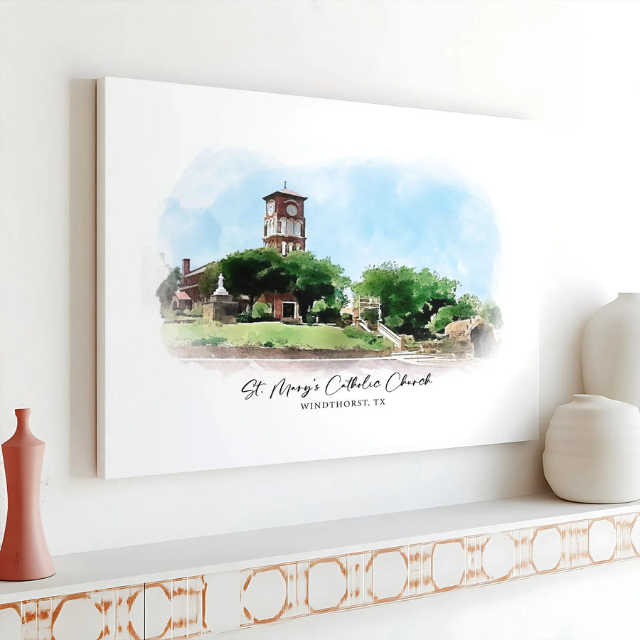 St. Mary's Catholic Church Windthorst TX Canvas Art | Watercolor Historical Building Print | Premium Gallery Wrap | Religious Home Decor Gift