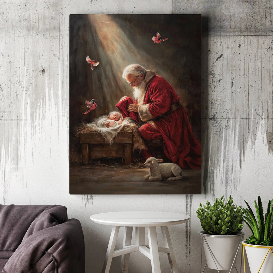Santa Adoring Baby Jesus Canvas Print | Nativity Scene with Cardinals & Lamb | Premium Gallery-Wrapped Wall Art | Religious Christmas Home Decor Gift