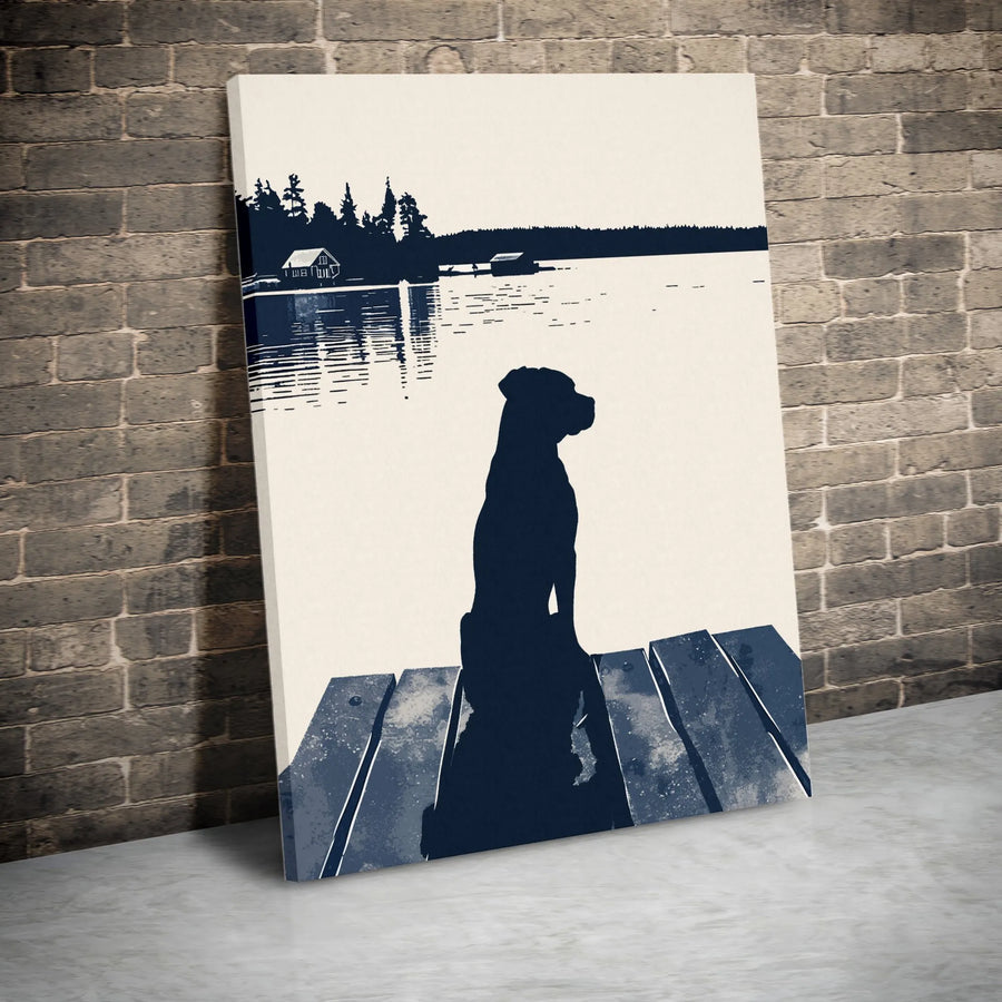 Dog Silhouette Canvas Wall Art | Serene Lakeside Dock Landscape | Gallery-Quality 1.25-Inch Profile | Premium Home Decor Gift for Dog Lovers
