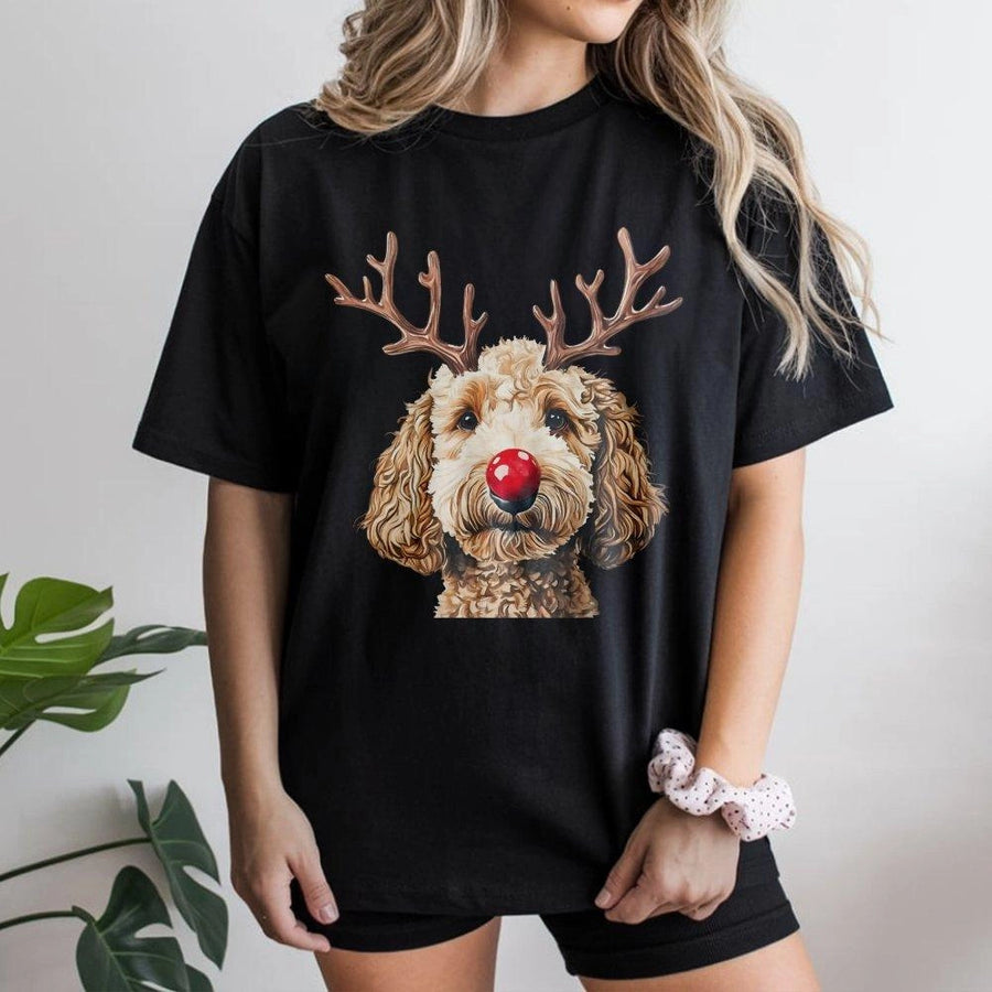 Goldendoodle Christmas T-Shirt | Reindeer Antlers & Red Nose Graphic | Premium 100% Cotton | Cute Dog Lover Holiday Gift