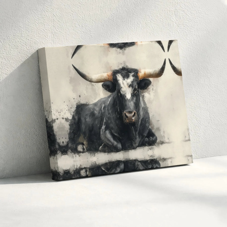 Texas Longhorn Canvas Wall Art | Rustic Farmhouse Watercolor Bull Painting | Premium Gallery Wrapped Canvas | Western Home Decor Gift