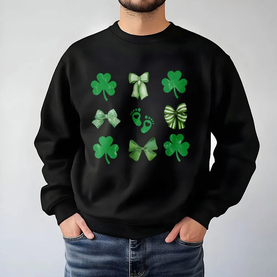 St. Patrick's Day Sweatshirt | Shamrock and Bow Baby Feet Design | Premium Cotton Blend Crewneck | Lucky Irish Holiday Gift for Women