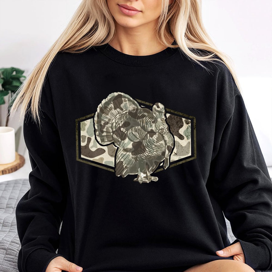 Turkey Hunting Camo Sweatshirt | Vintage Camouflage Graphic Design | Premium Cotton-Poly Blend | Wildlife Lover Gift