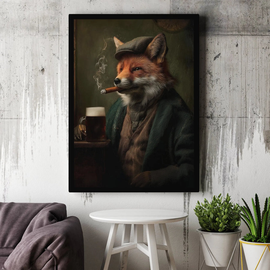 Gentleman Fox Canvas Wall Art | Fox Smoking Cigar Portrait | Premium Gallery Wrapped Canvas | Bar Decor Gift for Men