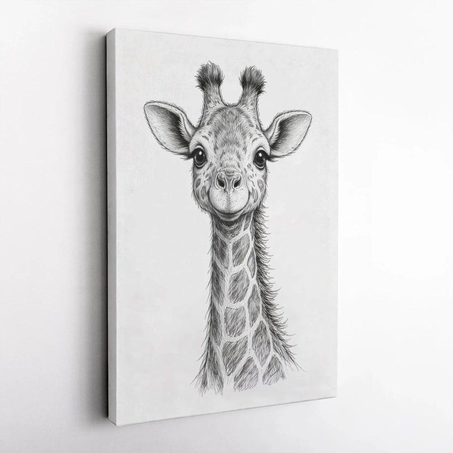 Baby Giraffe Vertical Canvas | Minimalist Pencil Sketch Wall Art | Premium Thick Canvas Print | Nursery Decor Collector's Gift for Kids Room
