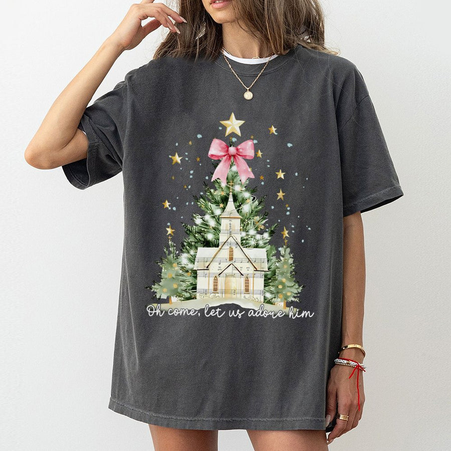 Oh Come Let Us Adore Him T-Shirt | Watercolor Christmas Tree & Church Design | Premium Cotton | Faith-Based Holiday Gift for Women