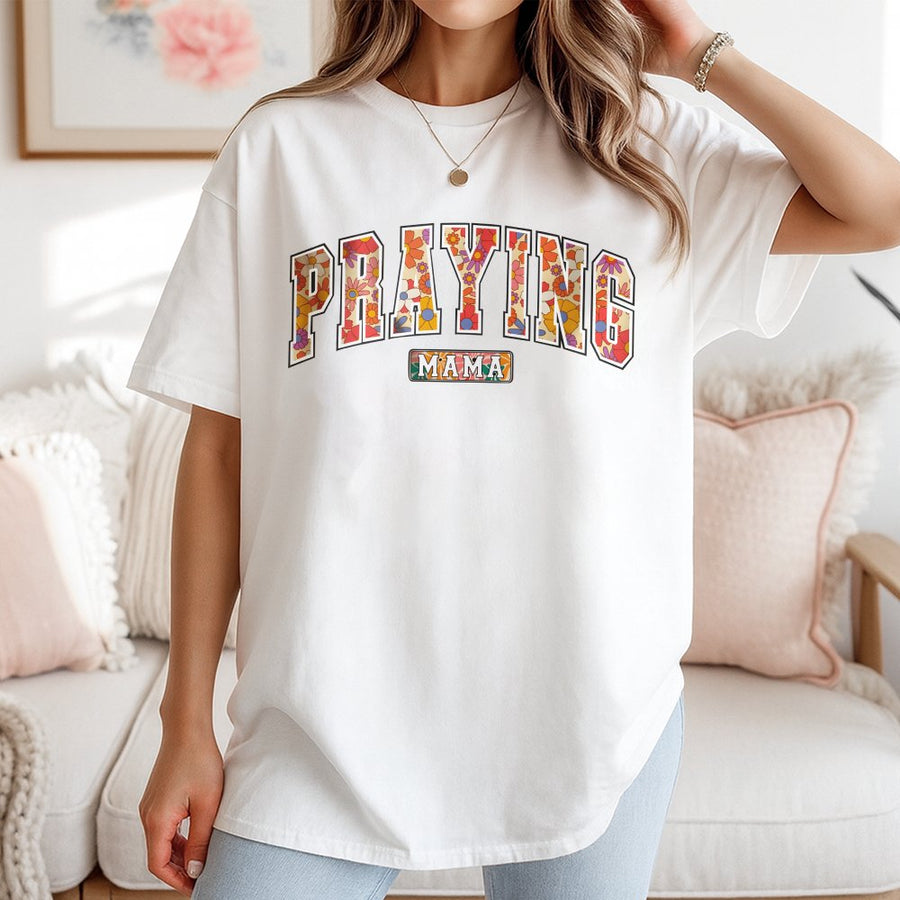 Praying Mama T-Shirt | Retro Floral Lettering Graphic Design | 100% Cotton Premium Quality | Christian Mom Mother's Day 2026 Gift