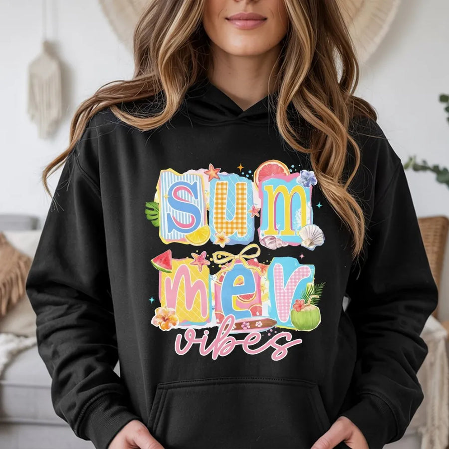 Summer Vibes Hoodie | Retro Collage Beach Graphic | Soft Cotton Graphic Tee | Cute Vacation Gift for Women