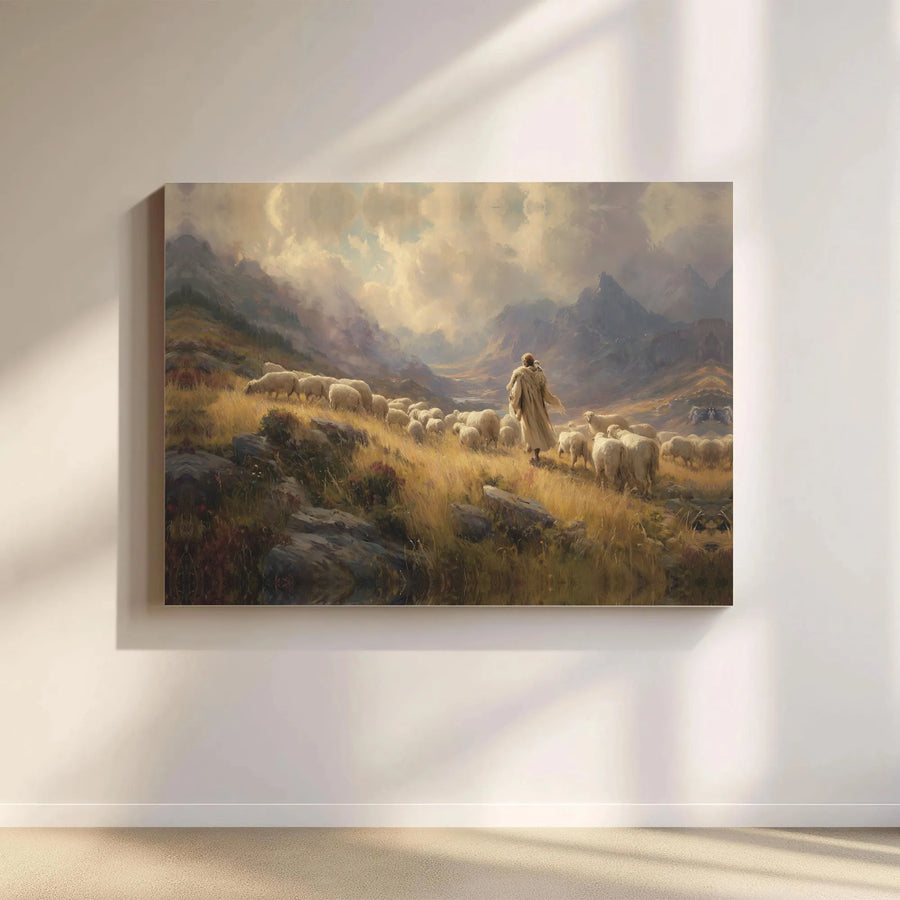 Good Shepherd Jesus Canvas Wall Art | Religious Mountain Landscape Print | Premium 1.25" Gallery Wrap | Christian Home Decor Gift