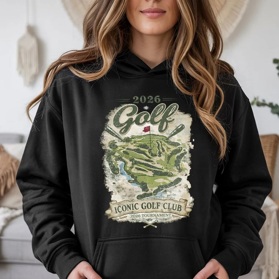 Golf Course Graphic Hoodie | Vintage 2026 Tournament Illustration | Cotton Blend Premium Sweatshirt | Gift for Golfers & Sports Fans