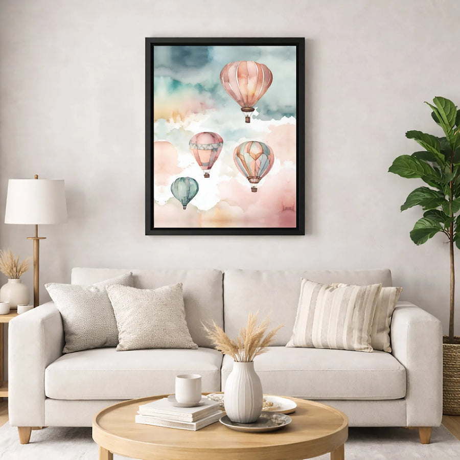 Hot Air Balloon Canvas Wall Art | Watercolor Pastel Sky Landscape | Premium Fade-Resistant Gallery Wrap | Nursery & Home Decor Gift