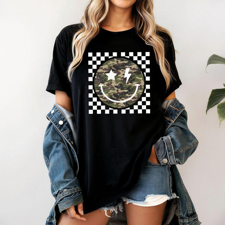 Camo Smiley Face T-Shirt | Checkered Aesthetic Graphic Tee | 100% Cotton Premium Quality | Trendy Streetwear Gift for Men and Women