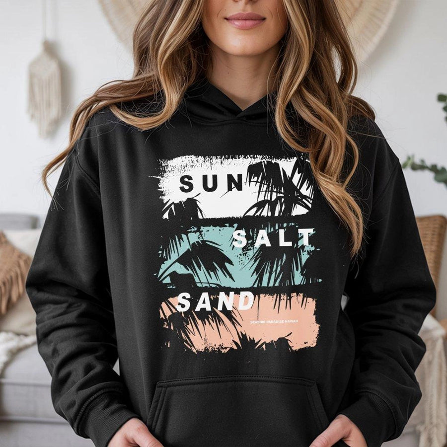 Sun Salt Sand Hoodie | Tropical Palm Tree Graphic Aesthetic | Premium Cotton Blend | Coastal Beach Vacation Gift for Men and Women