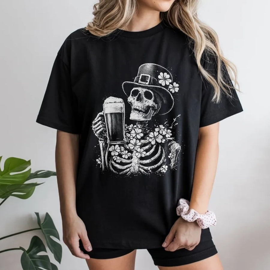 St Patrick’s Day Skeleton T-Shirt | Funny Irish Skull Drinking Beer Graphic | Premium 100% Cotton Tee | Gift for Men and Women