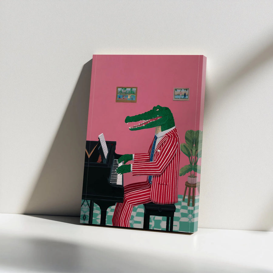 Alligator Playing Piano Canvas Art | Whimsical Animal Musician Print | Premium Gallery Wrapped Canvas | Eclectic Music Room Wall Decor Gift