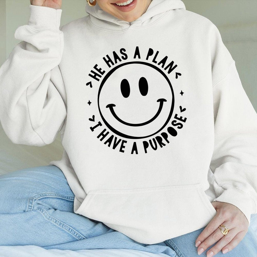 He Has A Plan I Have A Purpose Hoodie | Christian Faith Smiley Face Graphic | Premium Cotton-Blend | Religious Gift for Men and Women