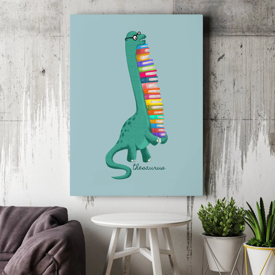 Funny Thesaurus Dinosaur Canvas | Cartoon Bookworm Dino Art Print | Premium Gallery Wrapped Wall Decor | Gift for Readers & Librarians