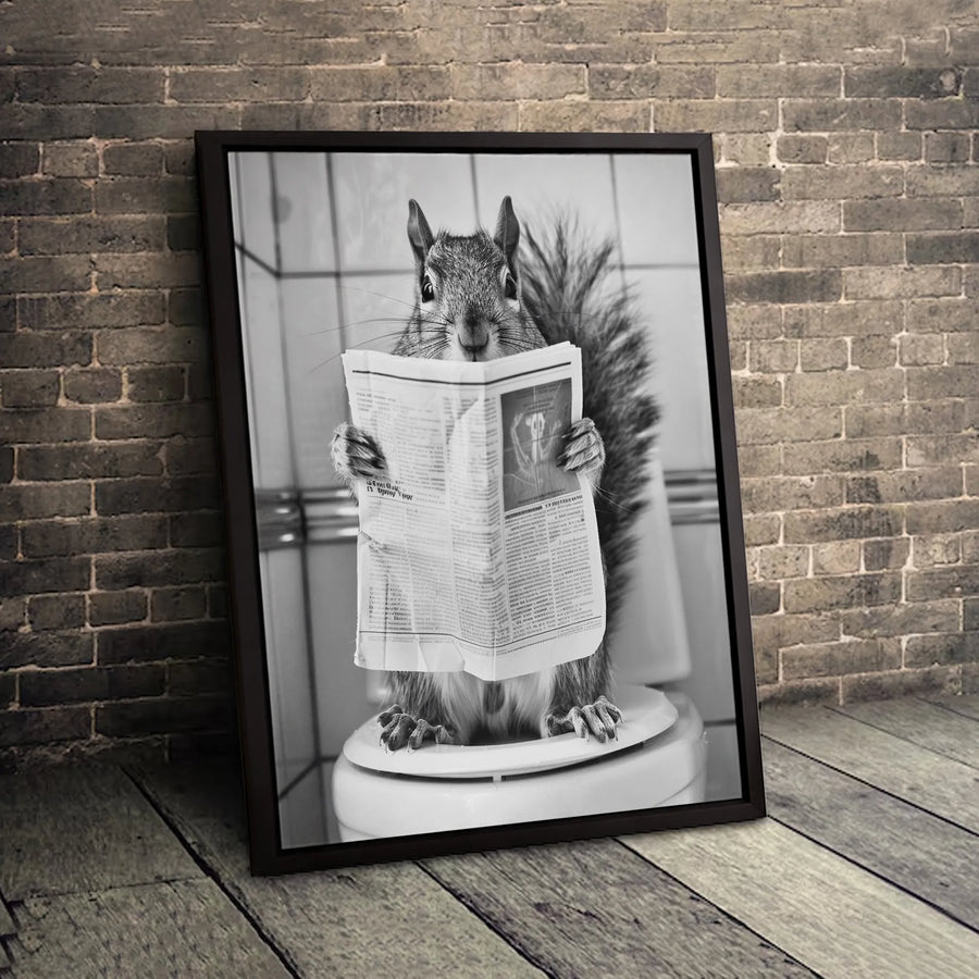 Squirrel Reading Newspaper On Toilet Wall Art | Funny Bathroom Decor | Premium Fade-Resistant Canvas | Whimsical Animal Home Gift