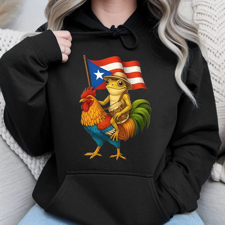 Puerto Rican Pride Hoodie | Coqui Frog Playing Drum on Rooster Graphic | Soft Cotton Blend | Boricua Heritage Gift for Men and Women