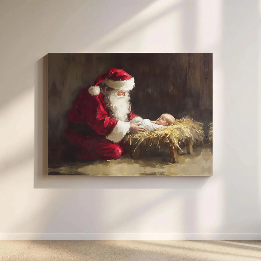 Santa Kneeling Before Baby Jesus Canvas Print | Religious Christmas Wall Art | Premium Gallery Wrapped Decor | Heartwarming Holiday Gift