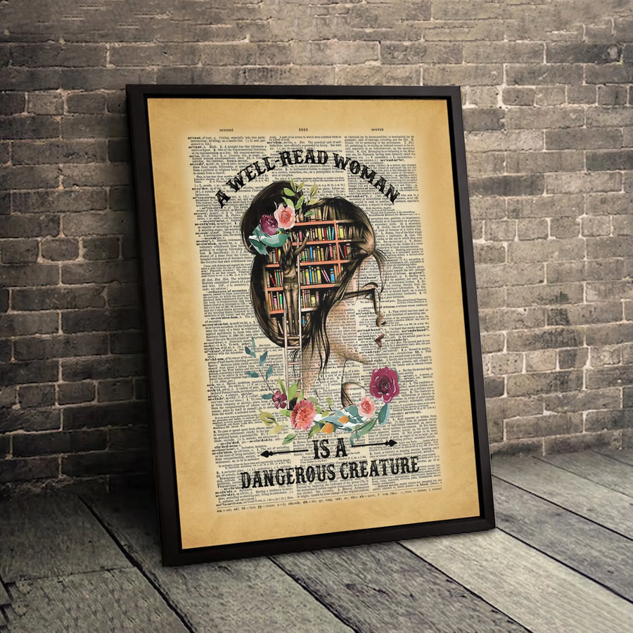 Well Read Woman Wall Art | Bookshelf Hair Dictionary Print | Premium 1.25-Inch Framed Canvas | Literary Decor Gift for Book Lovers
