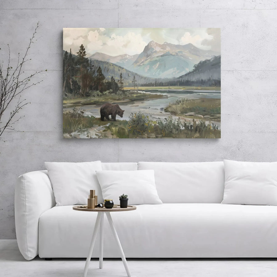 Grizzly Bear Landscape Canvas Print | Mountain River Forest Wall Art | 1.25" Gallery Wrap | Wildlife Cabin Decor Gift