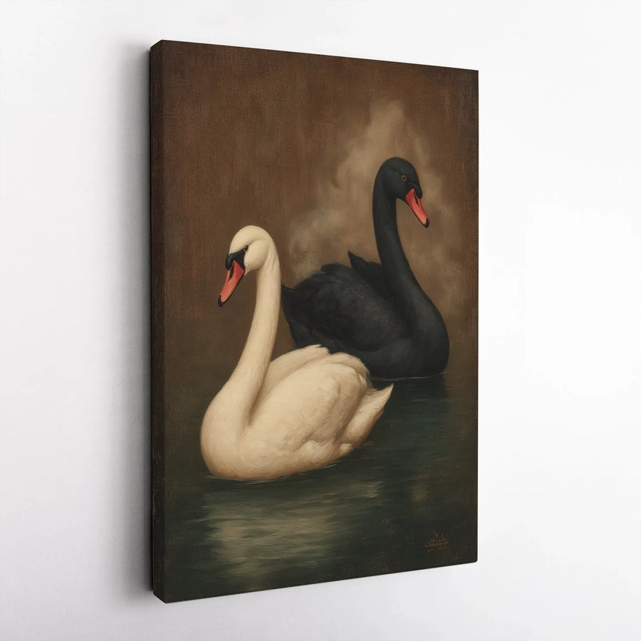 Vintage Swan Canvas Wall Art | Black and White Swans Oil Painting Print | Premium Gallery Wrapped Canvas | Moody Dark Academia Home Decor Gift