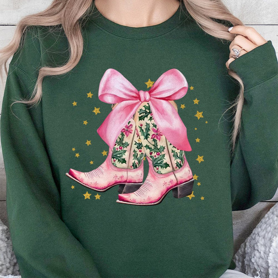 Western Christmas Boots Sweatshirt | Pink Cowgirl Holiday Bow Design | Cotton-Blend Premium Apparel | Cute Trendy Women's Gift for Her