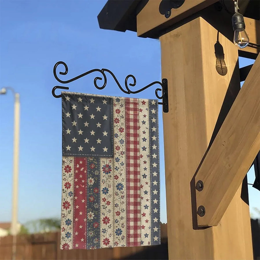Vintage Americana Garden Flag | Rustic Stars and Stripes Patchwork Style Floral Pattern | Double Sided Premium Polyester | Patriotic Memorial Day Outdoor Yard Decor Gift