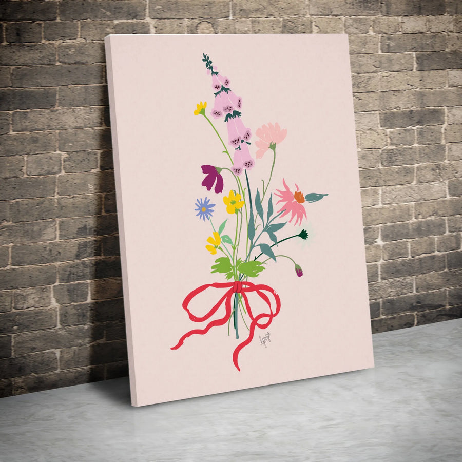 Wildflower Bouquet Vertical Canvas | Minimalist Botanical Illustration with Red Bow | Premium Thick Gallery Print | Modern Farmhouse Decor Gift