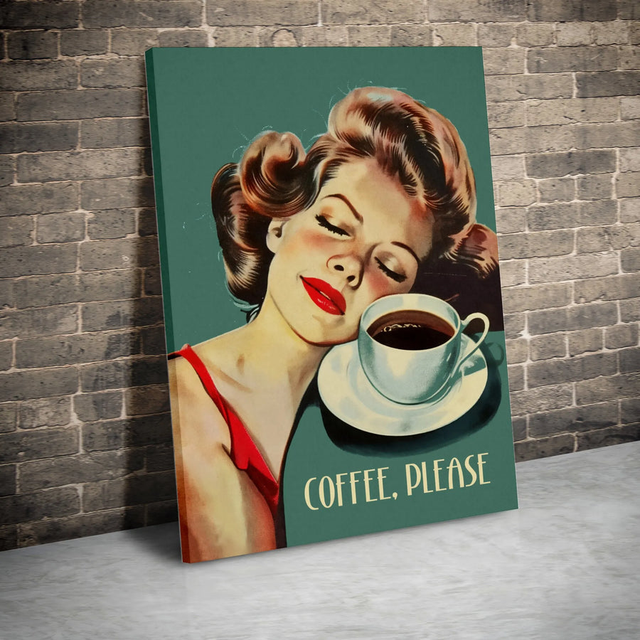 Vintage Coffee Art Vertical Canvas | "Coffee, Please" Retro 1950s Pin Up Poster | Premium 1.25" Gallery Wrap | Cute Kitchen Decor & Coffee Bar Gift
