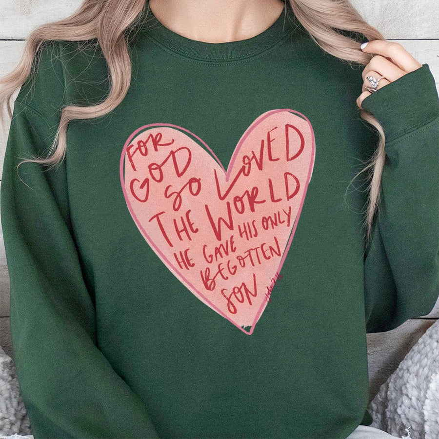 John 3:16 Sweatshirt | For God So Loved The World Heart Design | Premium Cotton Blend Crewneck | Christian Faith Gift for Women & Men