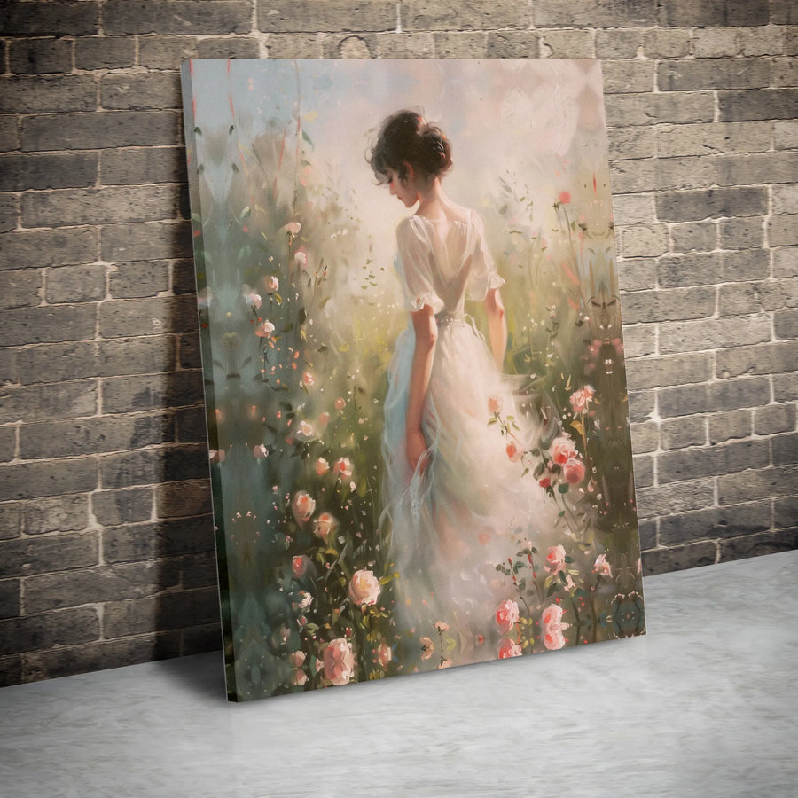 Ethereal Woman In White Dress Canvas Print | Romantic Rose Garden Wall Art | Premium Gallery-Wrapped 1.25" Profile | Whimsical Home Decor Gift